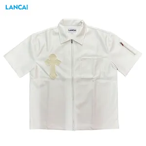 Camisa personalizada de manga corta para hombre, camisa bordada con parche y cremallera de cuero a la moda