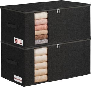 Sac de rangement pour couette en lin 90L, lot de 2, empilable et pliable, côtés et fond rigides, organisation de la literie sous le lit - Product Image 5