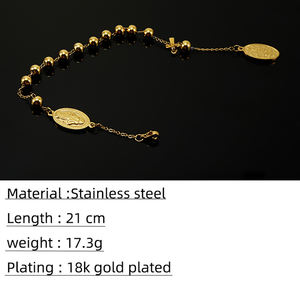 Bracciale Religioso con Perline Placcato Oro 18K in Acciaio Inossidabile con Ciondolo Croce e Vergine Maria Catena a Rosario per Donna - Product Image 3