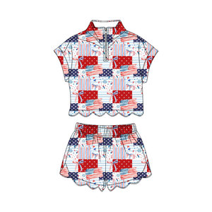 Ensemble décontracté à manches courtes pour petites filles, motif à carreaux bleus et imprimé fraises, avec fermeture éclair, collection GSSO3600, vente en gros pour enfants - Product Image 2