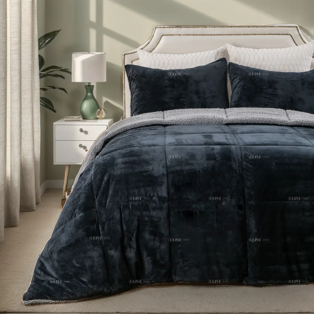 Sang trọng sang trọng Sherpa Comforter siêu mềm ấm cúng đảo ngược lông cừu tối màu đen thay thế điền vào máy có thể giặt bộ đồ giường