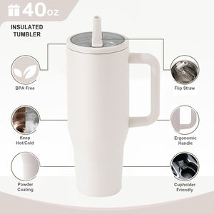 Mug de voyage en gros, tasse isotherme à double paroi en acier inoxydable de 40 oz avec couvercle, poignée et paille - Product Image 2