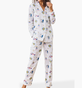 Pyjama en coton à manches longues personnalisé pour femme, ensemble de vêtements de nuit imprimés avec chemisier et pantalon à passepoil contrastant, pyjama de luxe pour femme - Product Image 1