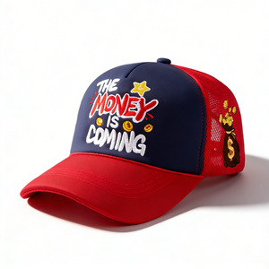<span class=keywords><strong>Cappello</strong></span> Trucker Ricamato Personalizzato 'MONEY IS COMING' a 6 Pannelli con Rete e Chiusura Snapback, Rosso Blu Navy, Regolabile, Vendita all'Ingrosso OEM, MOQ Basso - Product Image 1