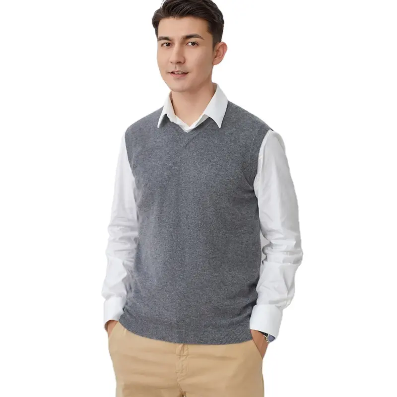 Man Knit Sweater Sleevelessベスト100% Cashmere Sweater GRAY DarkブルーMatchとシャツV-neck