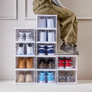 Diskon besar kabinet sepatu lipat dengan tutup rak sepatu plastik kotak penyimpanan sepatu bening dapat ditumpuk dapat dilipat dengan pintu