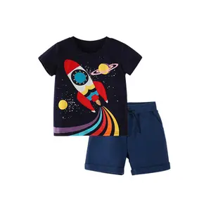 Wholesale Summer Knitted Black Rocket Blue Short Pants Boutique Toddler 2-7 Years Children's Clothing Short Sets For Boys