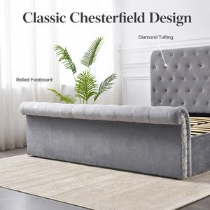 Gas Lift Storage Button Tufted Crystal Diamond Upholstered Plush Velvet Fabric Chesterfield <strong>Sleigh</strong> <strong>Bed</strong> - Product Image 5