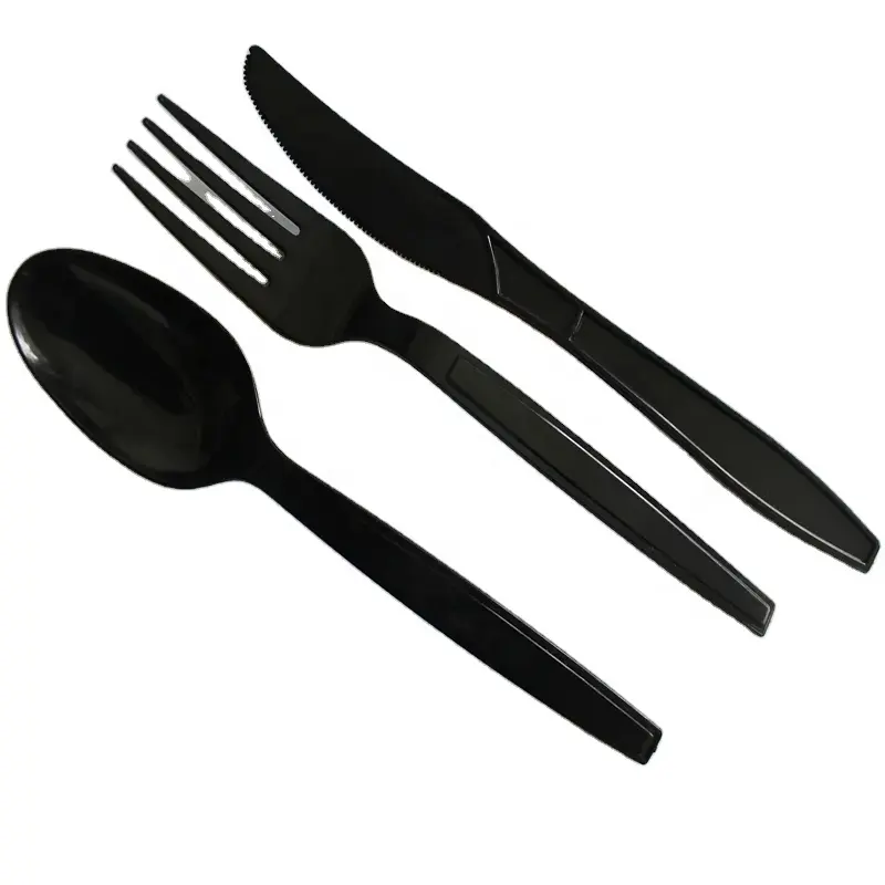 Couverts en plastique robustes de 7 pouces 18 cm de longueur jetables noir blanc clair PS fourchettes couteaux et cuillères