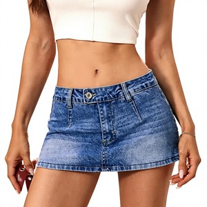 Mini-jupe en jean taille haute, couleur unie, délavée, coupe trapèze décontractée, taille standard, style été pour femme - Product Image 1