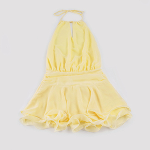 Vestido Mini de Estilo Isleño Europeo-Americano, Amarillo Lechoso, con Cuentas y Recortes, Halter, Cintura Ajustada, Escalonado, con Espalda Abierta, para Vacaciones Dulces, Estilo Pastel - Product Image 6