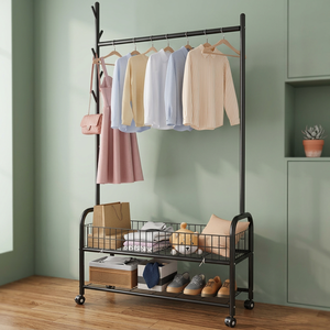 Perchero de Metal Moderno con Ruedas, Estante de Almacenamiento de Dos Niveles para Sala de Estar, Tipo Vertical, Diseño Multifuncional - Product Image 6