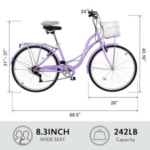 Vélo <span class=keywords><strong>de</strong></span> plage <span class=keywords><strong>pour</strong></span> <span class=keywords><strong>femme</strong></span> à 7 vitesses avec design <span class=keywords><strong>ergonomique</strong></span>, <span class=keywords><strong>selle</strong></span> réglable, double garde-boue et frein V, violet - Product Image 6