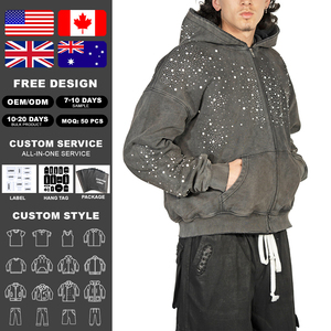 KingSen – Sweat à capuche zippé pour homme, coupe ample, brodé de strass, respirant, en molleton délavé, imprimé, 100 % coton – Vente en gros de haute qualité - Product Image 1