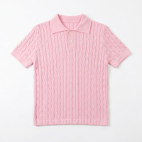Pull en maille torsadée à col polo à manches courtes pour femme – Haut tricoté tendance