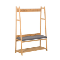 Banc de rangement contemporain en bambou à trois niveaux avec porte-manteau et étagère à chaussures pour entrée et salon