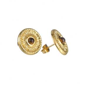 Wholesale Waterproof Non Tarnish Stainless Steel PVD 18K Gold Plated <b>Tiger</b> <b>Eyes</b> Custom Stud Earrings - Product Image 2