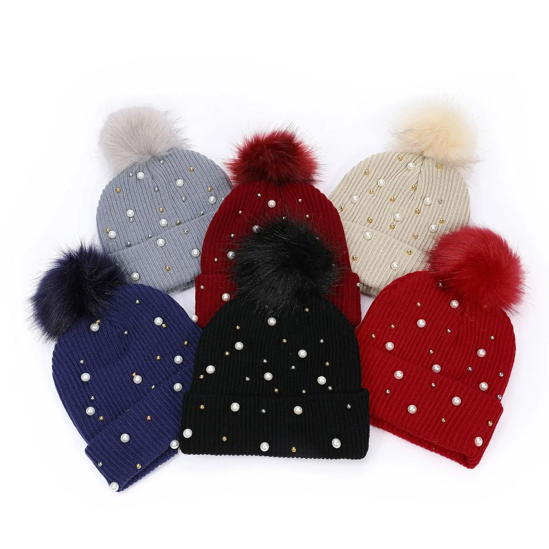 Womens Girls Winter Knitted Beanie Hat Faux Fur Ball Pom Pom Pearls Beaded Trim Hat Warm Cap