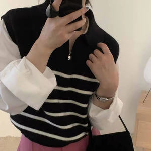 Suéter sin mangas y suéter informal minimalista para mujer, chaleco de punto a rayas con cremallera y cuello Retro diario para mujer - Product Image 4