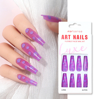 Gelée claire longue cercueil presse sur les ongles avec fleur design colle violette transparente sur les pointes des ongles réutilisable couverture complète faux ongles ensemble