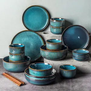 plato de 16 piezas, Suppliers-Cuenco de cerámica azul real para sopa, plato redondo ovalado para pasta, carne, fruta, juego de vajilla para el hogar y restaurante
