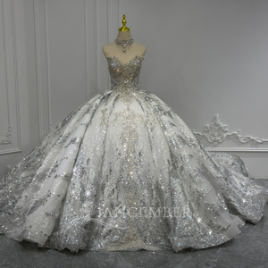 XS296 Modern Sparkly Sweetheart Sequined Beaded Chapel Train Long Lace Flowers <b>Crystal</b> Wedding Dress - Product Image 1
