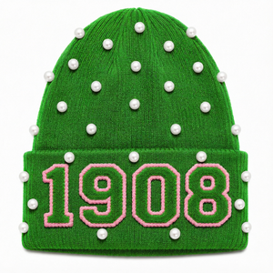 Gorro de Punto Verde Decorado con Perlas, Gorro de Invierno Acanalado con Número Bordado en el Puño, Gorro Tipo Skull Cap para Uso Casual al Aire Libre - Product Image 1