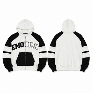 Sweat-shirt à capuche zippé pour homme noir et blanc avec blocs de couleur, manches raglan et imprimé lettres - Product Image 1