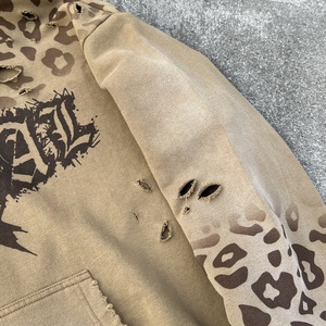 Custom Streetwear 500 Gsm Zipper <b>Hoodie</b> Heavyweight <b>Leopard</b> <b>Hoodie</b> Manufacturers Oversized Distressed Acid Wash Zip Up <b>Hoodie</b> - Product Image 5