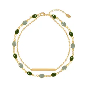 New Fashion Gold Plated Double Layer Emerald Gemstone Bead Chain Charm Bracelet for Women