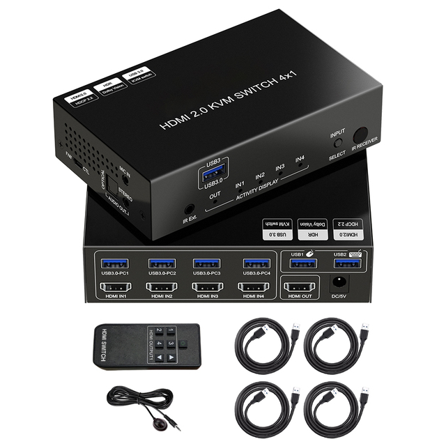 4K 60Hz HDMI KVM Switch 4x1 USB3.0 SPDIF L/R Audio Breakout for 4 PCs 1 Monitor with IR Remote
