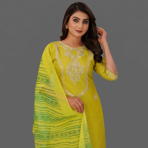 Conjunto de Kurta y Pantalón Ajustado de Algodón Premium para Mujer con Bordado y Dupatta de Organza |   Ropa Étnica India Completamente Cosida y Lista para Usar - Product Image 1