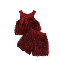 Ensemble deux pièces pour bébé fille, haut sans manches en maille ondulée avec nœud mignon, tenue d'été pour enfants