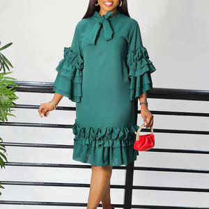 <span class=keywords><strong>Robe</strong></span> élégante à col noué pour <span class=keywords><strong>femme</strong></span>, collection Printemps 2026, manches 3/4 à volants, motif uni, longueur genou, coupe ample, idéale pour le bureau et les occasions formelles - Product Image 6