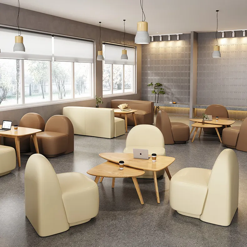 Moderno madera heladería café kopitiam Taverna sillón de cuero y triángulo juego de mesa de centro