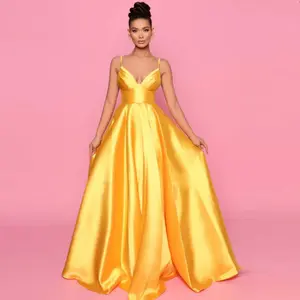 Simple Sexy Backless Slip Satin Long Prom Party Evening Dress 2024 Yellow Gown For Wedding