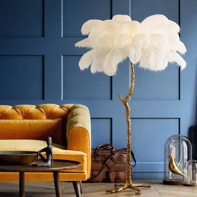 Светодиодный напольный светильник, украшение для отеля из страусиного пера, стойка для пальмы, медная напольная лампа