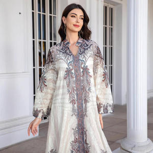 Túnica Larga de Manga Larga para Mujer Musulmana, Estilo Oriente Medio, con Bordado, Tela Estampada y Falda con Pedrería Termoadhesiva - Product Image 2