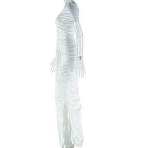 Produttori di <span class=keywords><strong>abbigliamento</strong></span> Casual bianco Off the spalla abiti Midi vita manica corta tinta unita nastro temperamento per le donne - Product Image 4