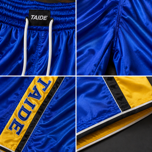Shorts de basketball en satin certifiés BSCI TaiDe, avec blocs de couleur, bande latérale, style universitaire, coupe ample, rétro, logo personnalisé, fabricant OEM - Product Image 2
