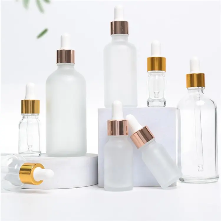 1 oz 2oz Clear Frosted Glass Packaging Bottles Dropper Essential Oil Bottle with Black Pipette Cap