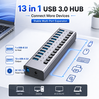 Hub USB 3.0 alimenté à 13 ports, multi-splitter en aluminium avec 13 interrupteurs individuels, adaptateur secteur 12V 5A pour PC
