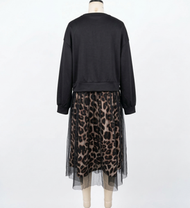 Robe longue d'automne pour femme, col rond, sweat-shirt imprimé léopard, maille ajourée, fabricant de vêtements sur mesure - Product Image 5