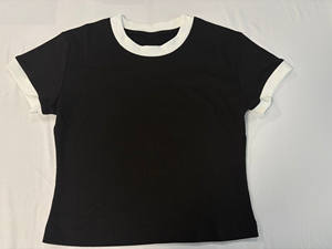 महिलाओं के ग्रीष्मकालीन रंग ब्लॉक गुणवत्ता के लिए स्पैन्डेक्स कपास गोल गर्दन फसल शीर्ष खेल टी-शर्ट - Product Image 2