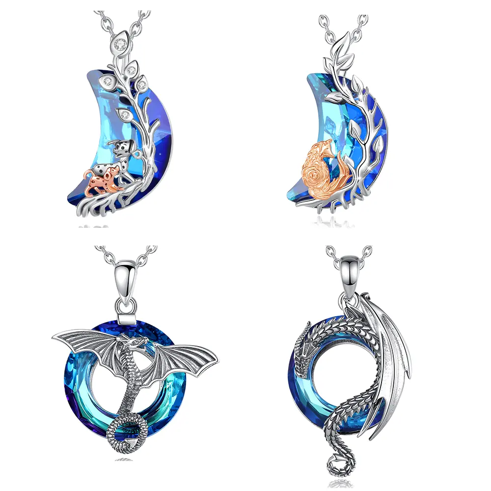 Changda Custom 925 Sterling silver dog blue gem austrian crystal crescent half moon stone shaped pendant necklace
