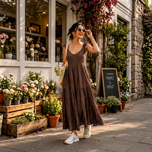 V-Neck <b>Sleeveless</b> Maxi <b>Dress</b> In Brown Solid Color A-Line Loose Fit Casual <b>Summer</b> Woven Linen Cotton Tiered Hem Women <b>Dress</b> - Product Image 1