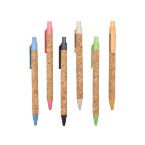 Vente en gros de stylos à bille rétractables écologiques de 1.0mm liège recyclé et paille de blé stylos promotionnels avec logo d'entreprise personnalisé - Product Image 3