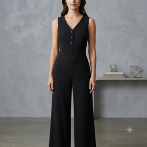 Combinaison longue sans manches pour femme, col en V, boutonnée sur le devant, en lin vert foncé uni, style streetwear et activewear, vente en gros pour l'été - Product Image 1