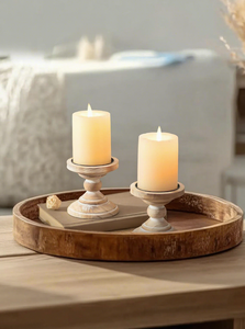 Rustic Wood Candle Holder Set of 2 Round Pillar Stand Natural Wooden <b>Candlestick</b> Decorative Tabletop Home Decoration - Product Image 3