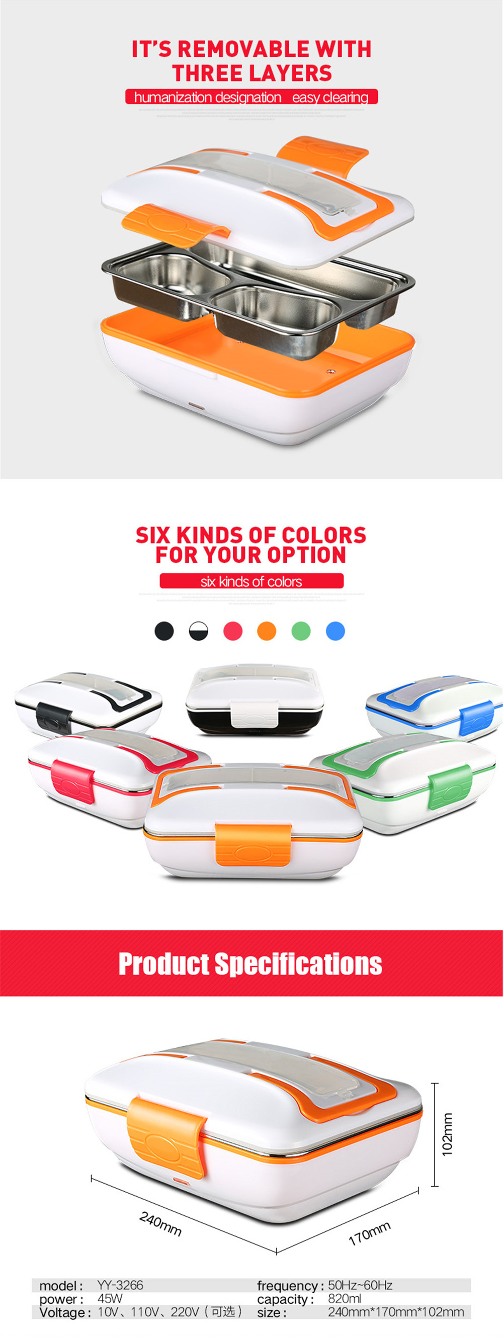 Electric Heating Lunch Box 1L With Spoon Fork Eu Plug Stainless Steel Bento Box 3 Compartments Food Container Lunchbox